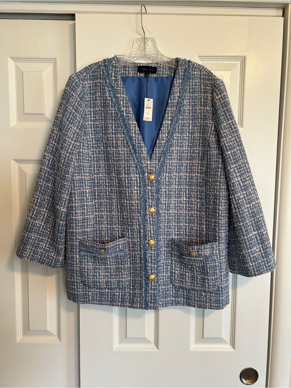 Talbots Blue and White Tweed Button-Front Blazer (coatigan) with Gold Buttons